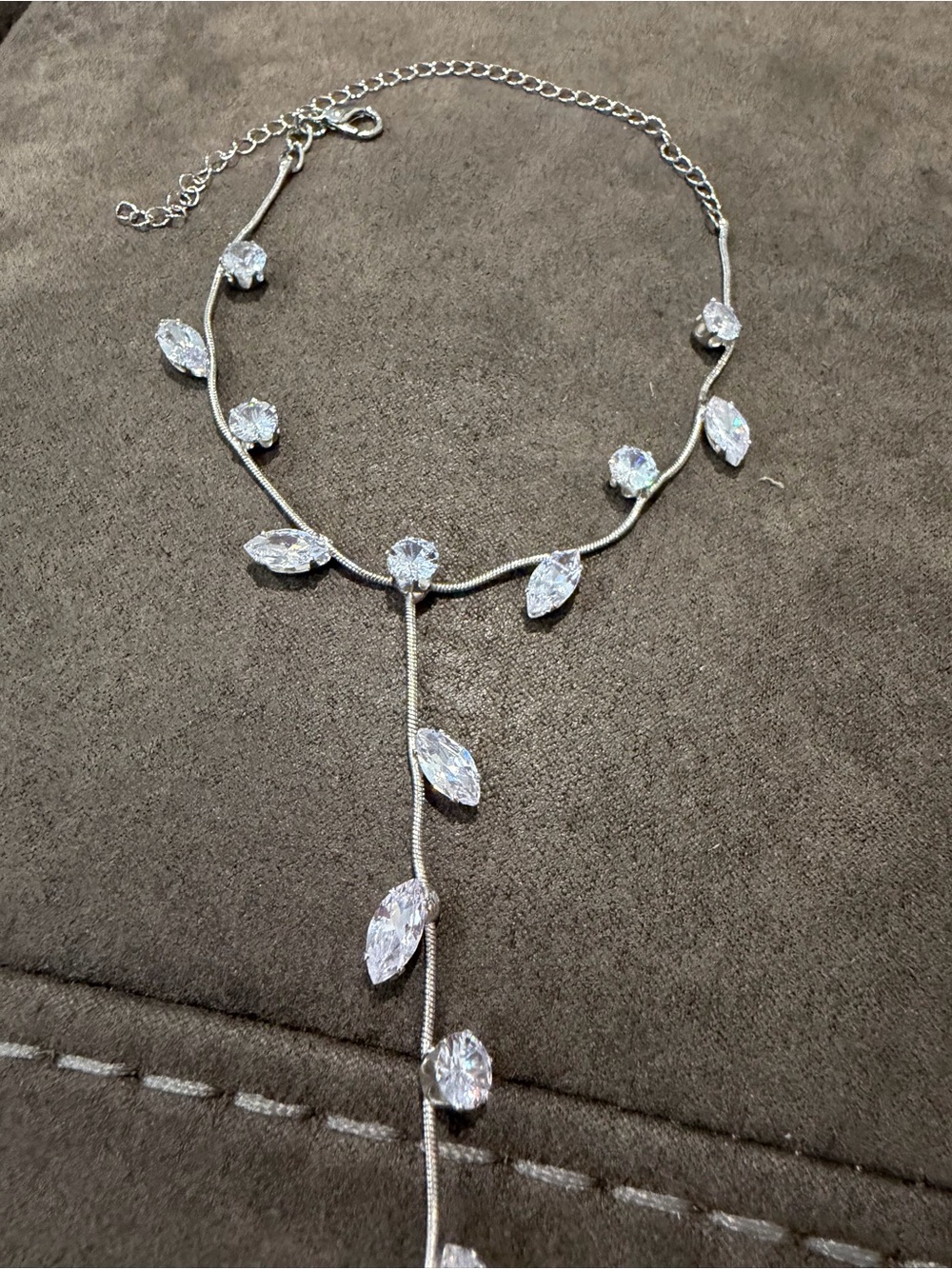 New Sterling Silver Leaf Drop Y-bracelet with Clear Stones